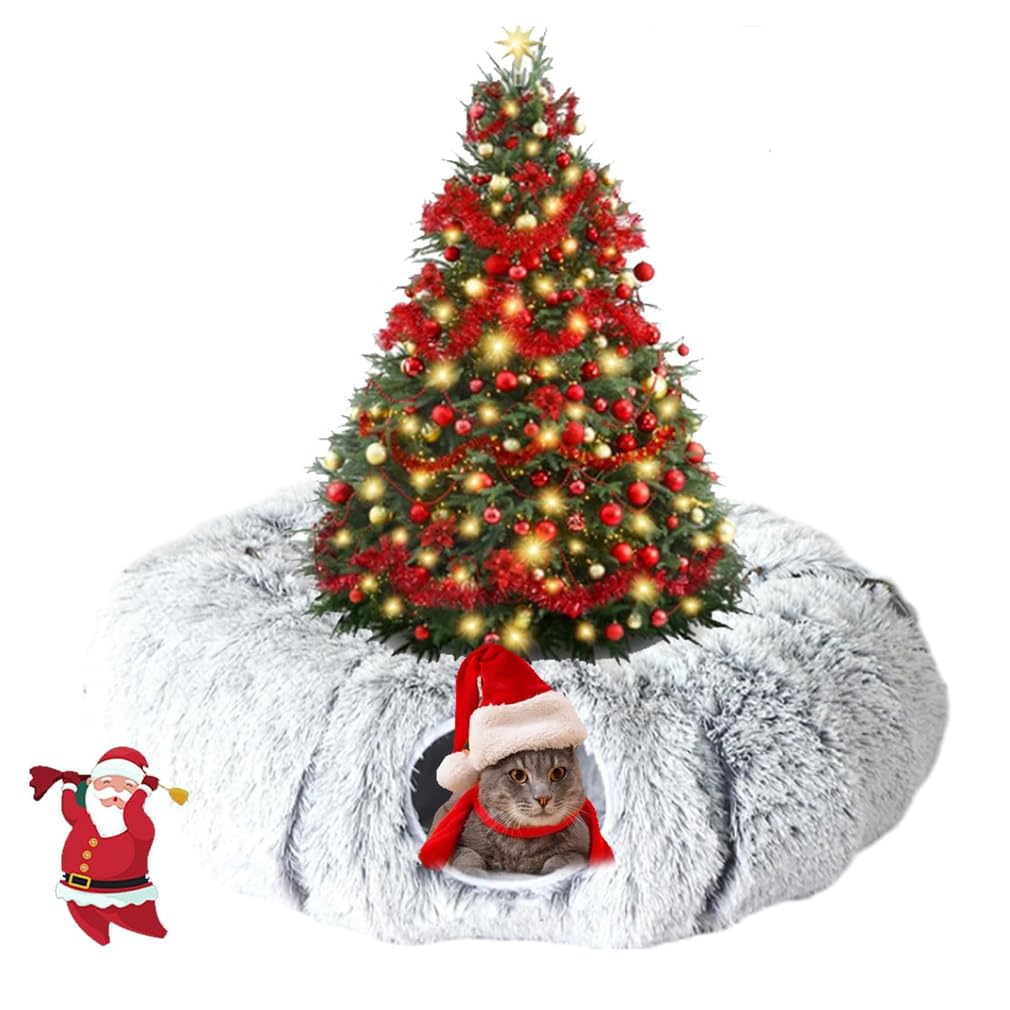 Cat Christmas Tree Skirt, Plush Cat Tunnel Bed with Toy Ball (Gray)