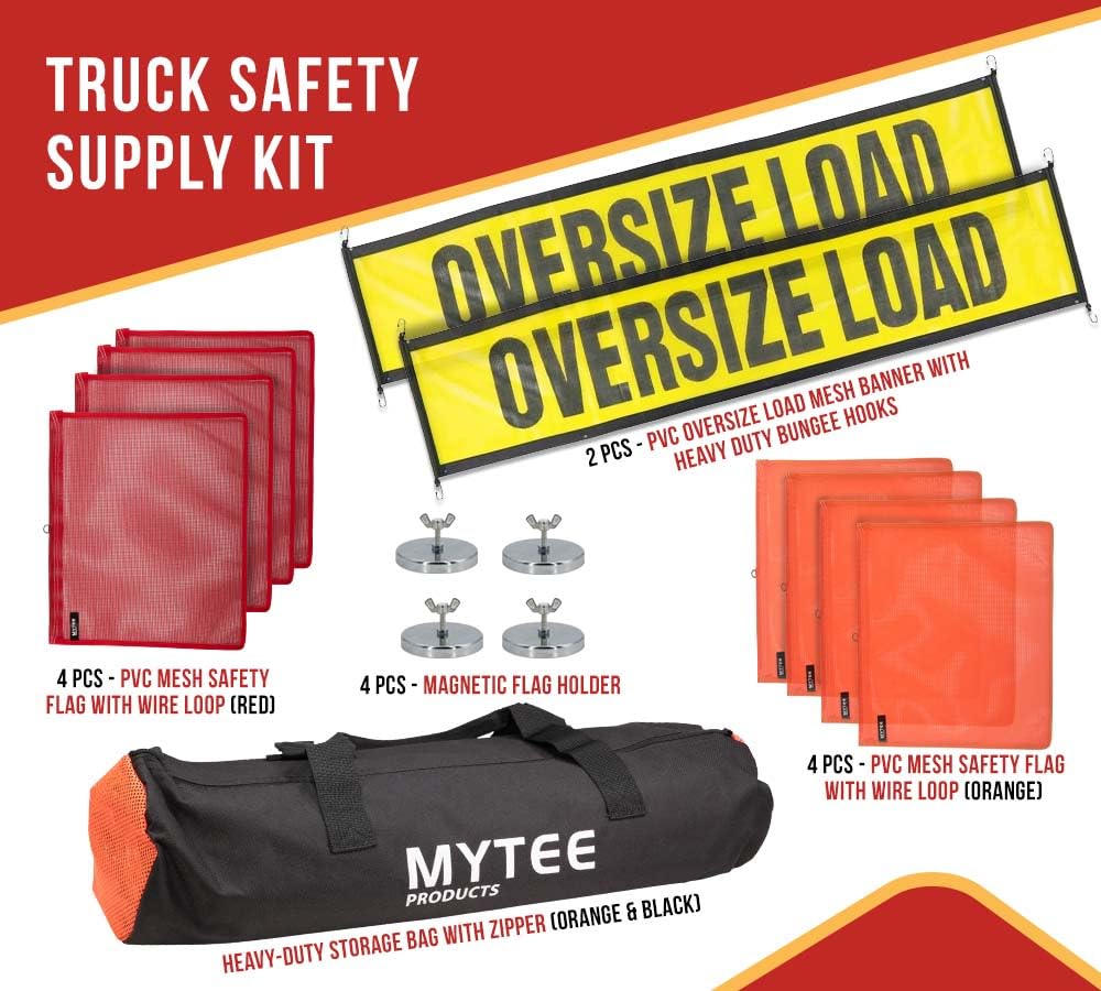 Mytee Products Kit de 15 letreros de carga de gran tamaño, 2 pancartas de carga de gran tamaño, 4 banderas rojas y 4 banderas de advertencia de malla naranja con lazo de alambre, 1 bolsa y 4 soportes