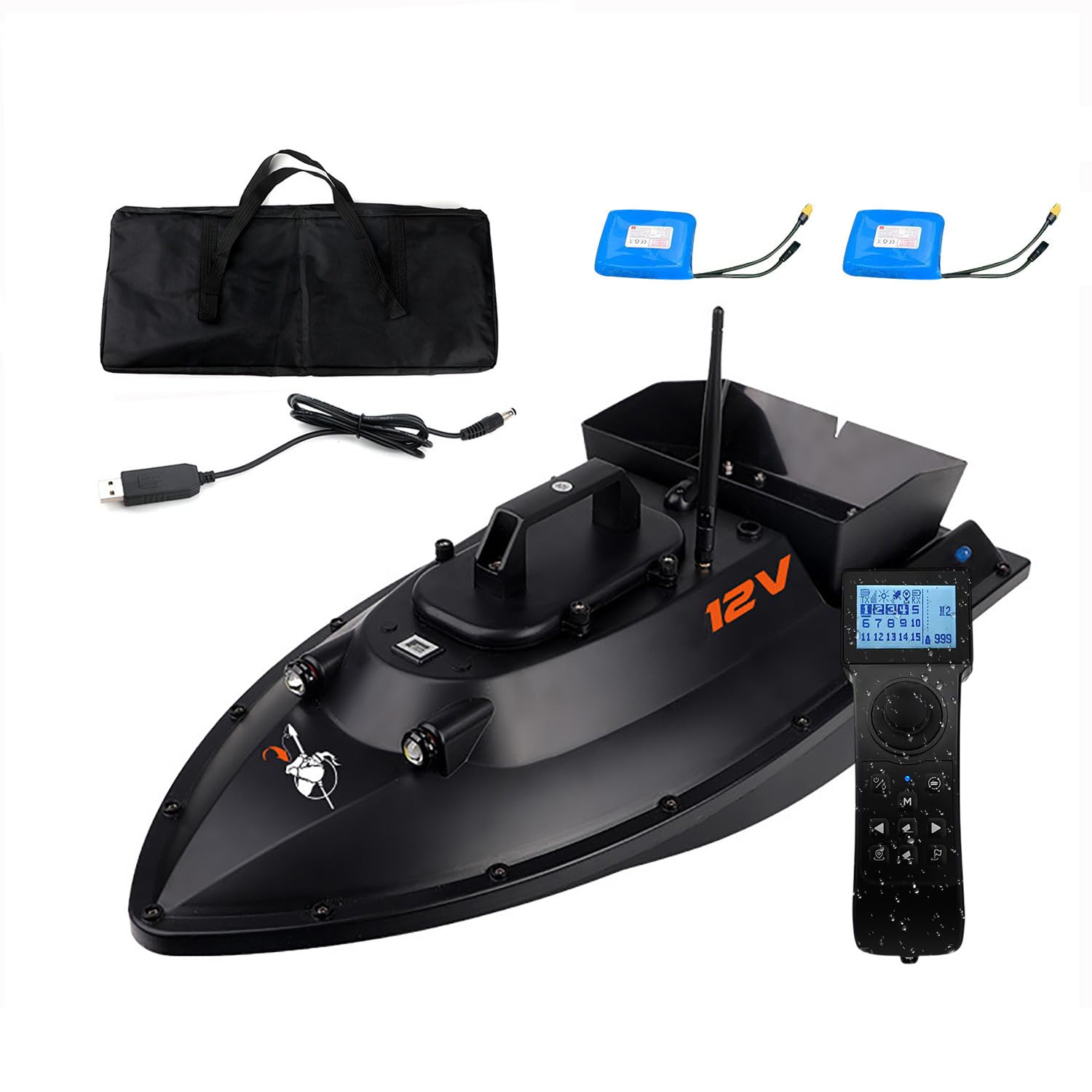 Barco de pesca RC de 12 V y 600 m, con cebo y liberación de cebo/GPS, capacidad de carga de 340 kg, motor dual y dos baterías de 28 000 mAh | Posicionamiento de 100 puntos, ideal para pescadores exp