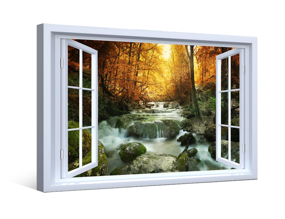 3D Window Effect Autumn Creek Woods Canvas Wall Art for Living Room Modern Family Wall Decor Hang Pictures Wall Artwork Yellow Trees Foliage and Rocks Paintings for Home Decoration - 16x24inch
