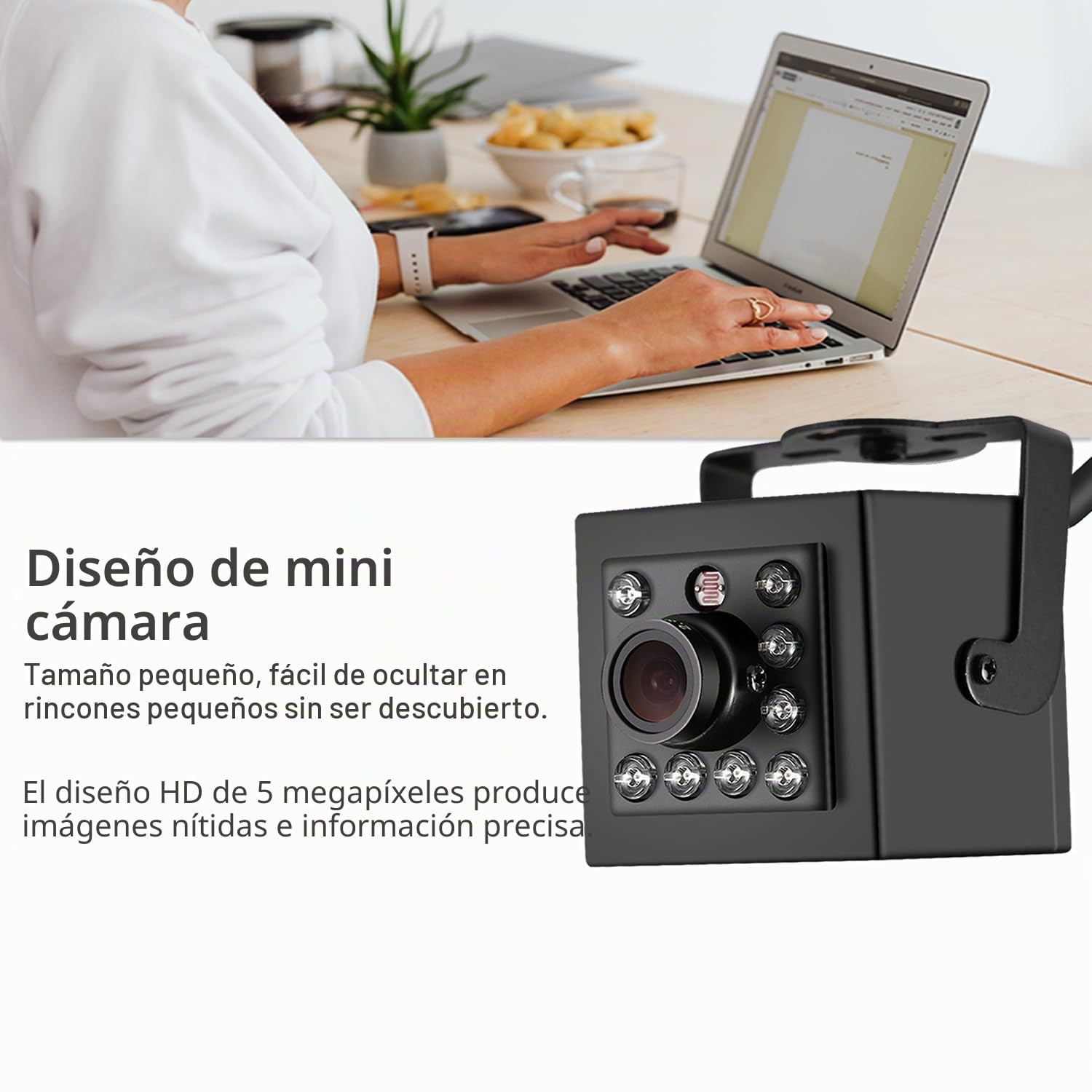 5MP Mini PoE Cámara IP Interior, 940nm Invisible 10 LED Infrarrojo Visión Nocturna, 3,6mm Lente 75° P2P Vista remota Cámara CCTV,10m Visión Nocturna H.265 Cámara Seguridad (I708-P-HS)