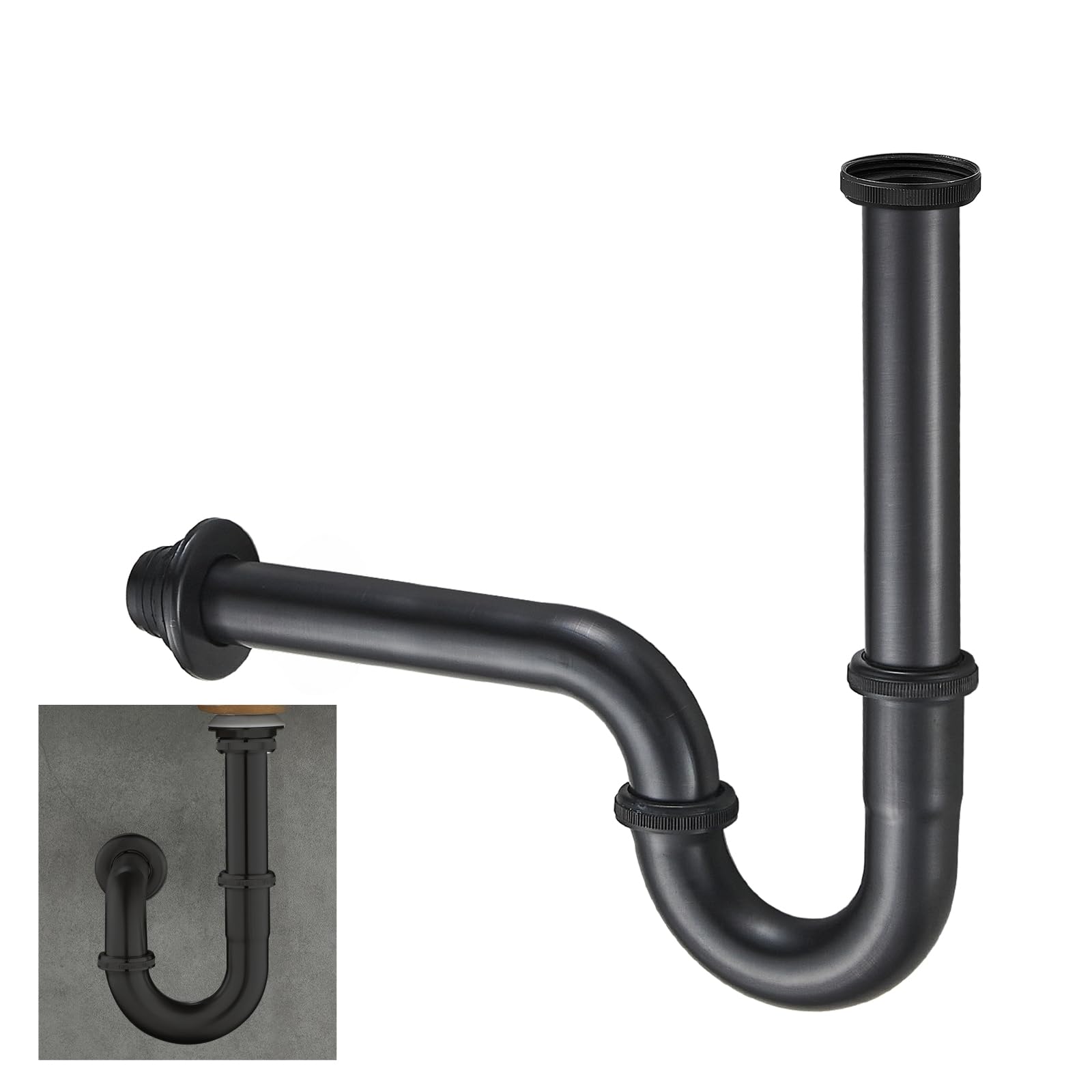 KEOKBON Bottle Trap Flat, G1 1/4 Brass Basin Waste Bottle Trap Set Height Adjustable P Trap Waste Odour Traps Plumbing Drain Pop-up Drain, Black