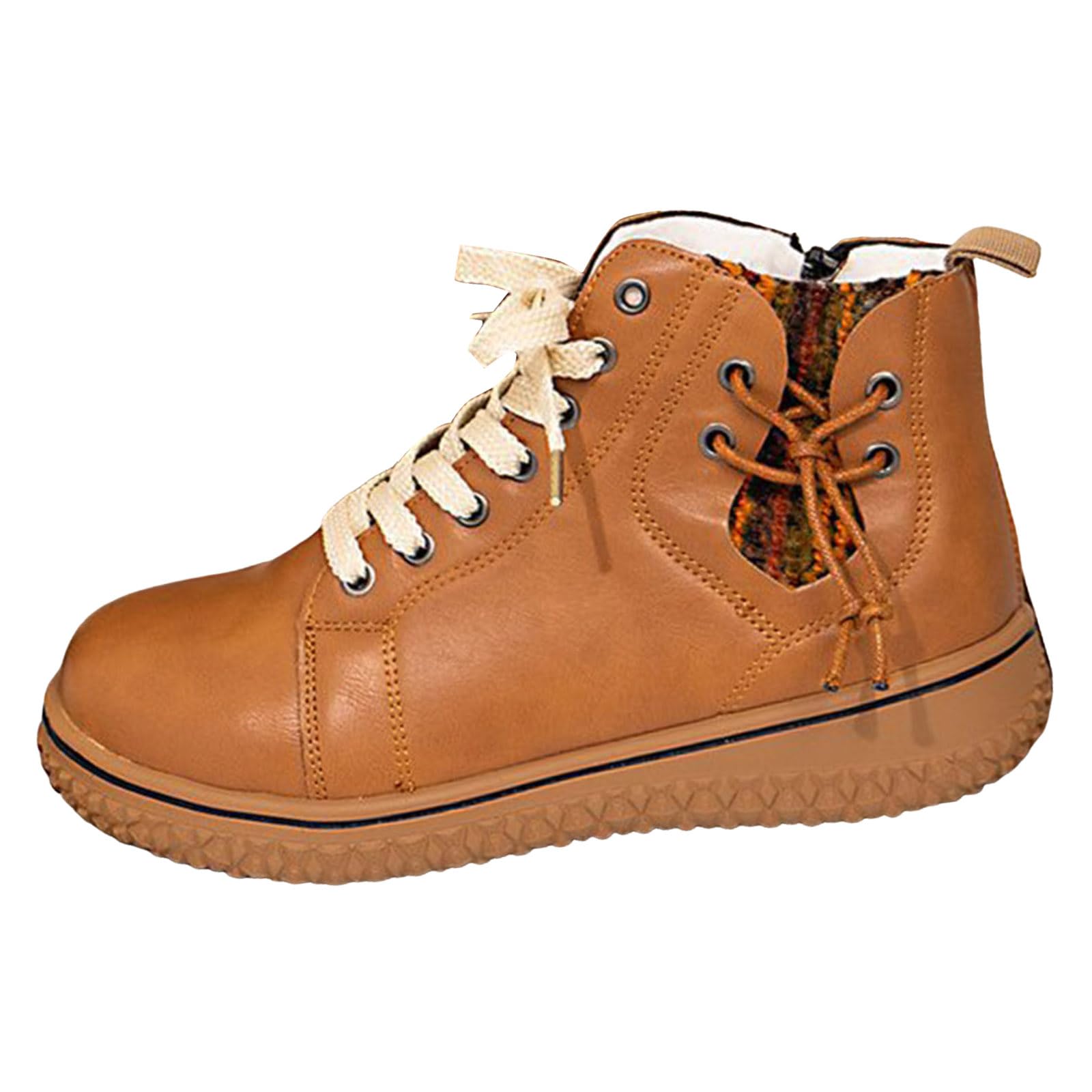 Womens Leather Ankle Boots Punk Combat Shoes Lace Up Classic Round Toe Side Zipper Wedge Low Heels Short