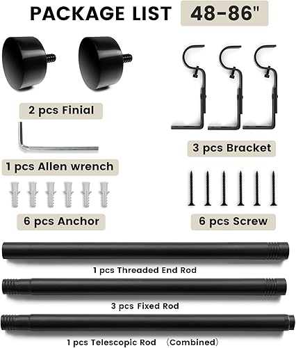 Miniatura 6 de Barras de cortina negras, barras de cortina para ventanas de 48 a 86, barra de cortina resistente de 1 pulgada, barras de cortina para exteriores,