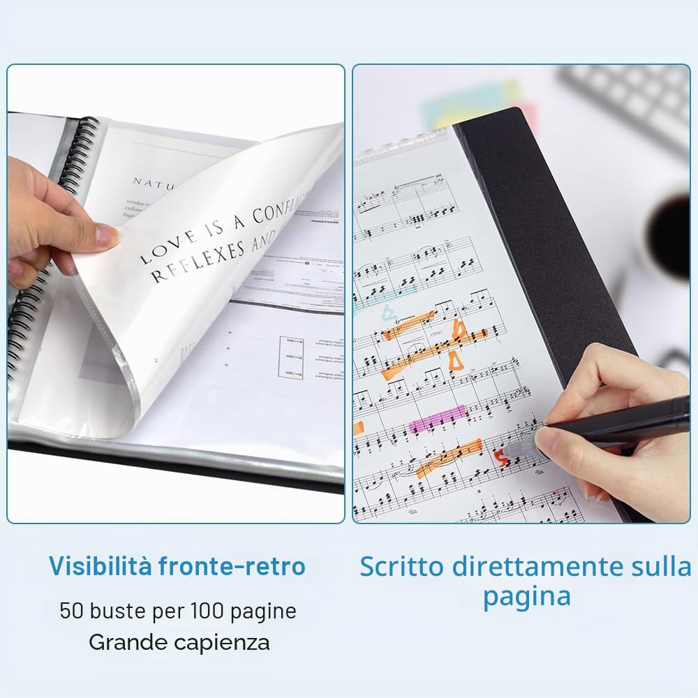 ADERTOS Raccoglitore Porta Spartiti Musicali, A4 Cartelle Portaspartiti, Porta Spartiti per Pianoforte, 50 Tasche/100 Pagine, con 2 Clip, per Spartiti, Pianoforte, Chitarra, Violino