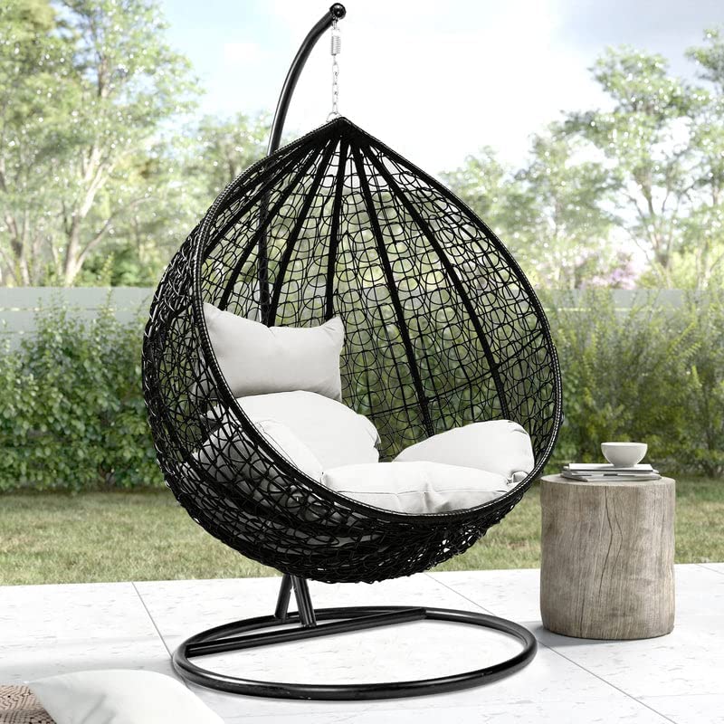 Image of Zenheaven Single Seater Swing Chair with Stand & Cushion Outdoor Indoor Balcony Garden Patio,Powder Coated Frame,UV Protected Wicker,Premium Cushion AD-31