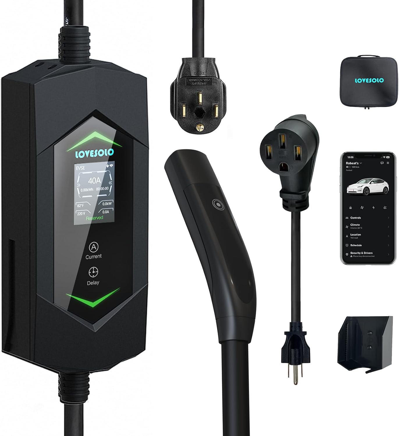 Level 2 Tesla Charger, Fast 40A 110V-240V Portable Mobile NACS Connector for Tesla EV Charger 20FT Cord, ETL Listed Home Wall Charger for Model Y/3/S/X with NEMA 14-50P to 5-15P Adapter, APP Control