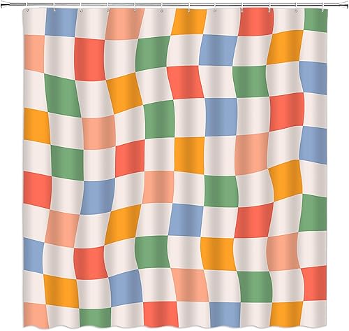 Miniatura 11 de Cortina de ducha a cuadros en blanco y negro, retro, estética, abstracta, de los años 60 y 70, tela hippie para decoración del hogar, juego de Negro