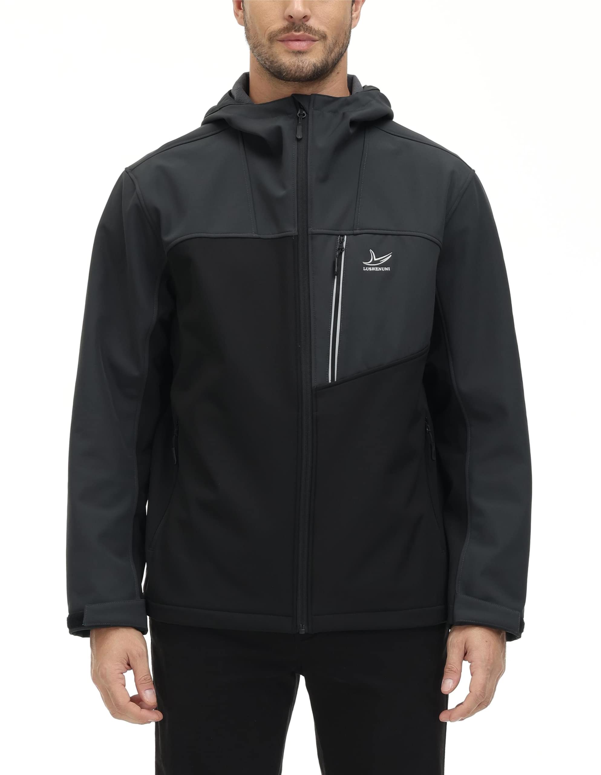 Photo 1 of LUSHENUNI Men's Soft Shell Jacket Fleece Lined Warm Lightweight Hooded Windbreaker Winter Water-Resistant Jacket Black/Gray Medium