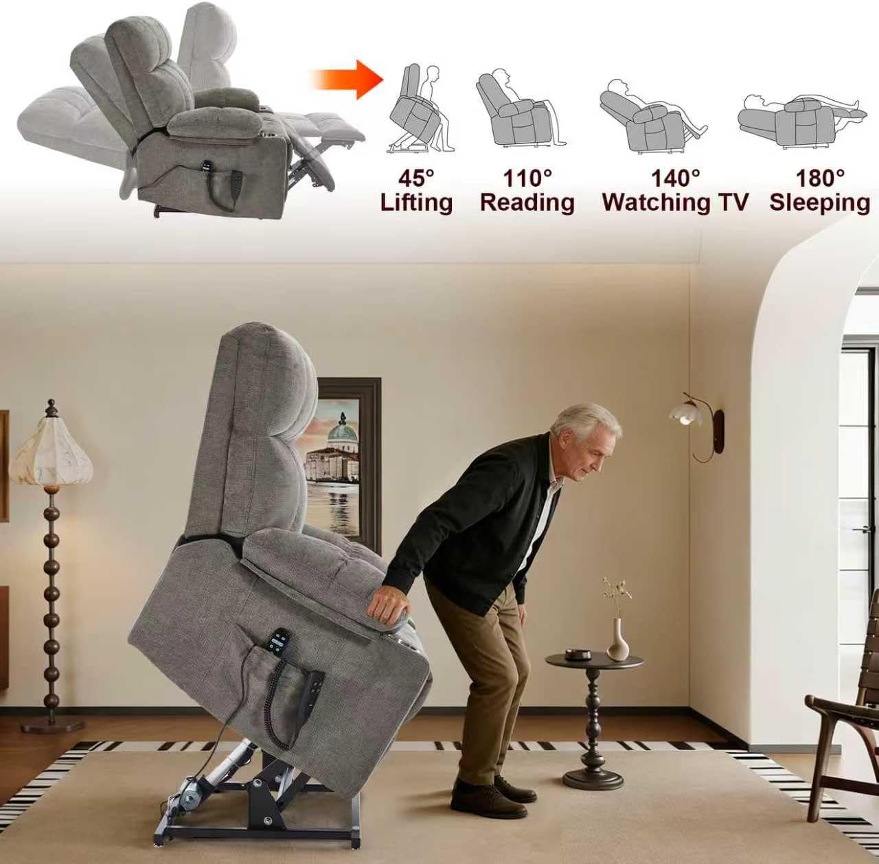 Oversized Recliner Electric Lift Chair, Power Lift Recliner for Big and Tall, 180° Lay-Flat and Assisted Standing, Extra Large Sofa with 8-Point Massage & Heating, Medium-Soft, Gray