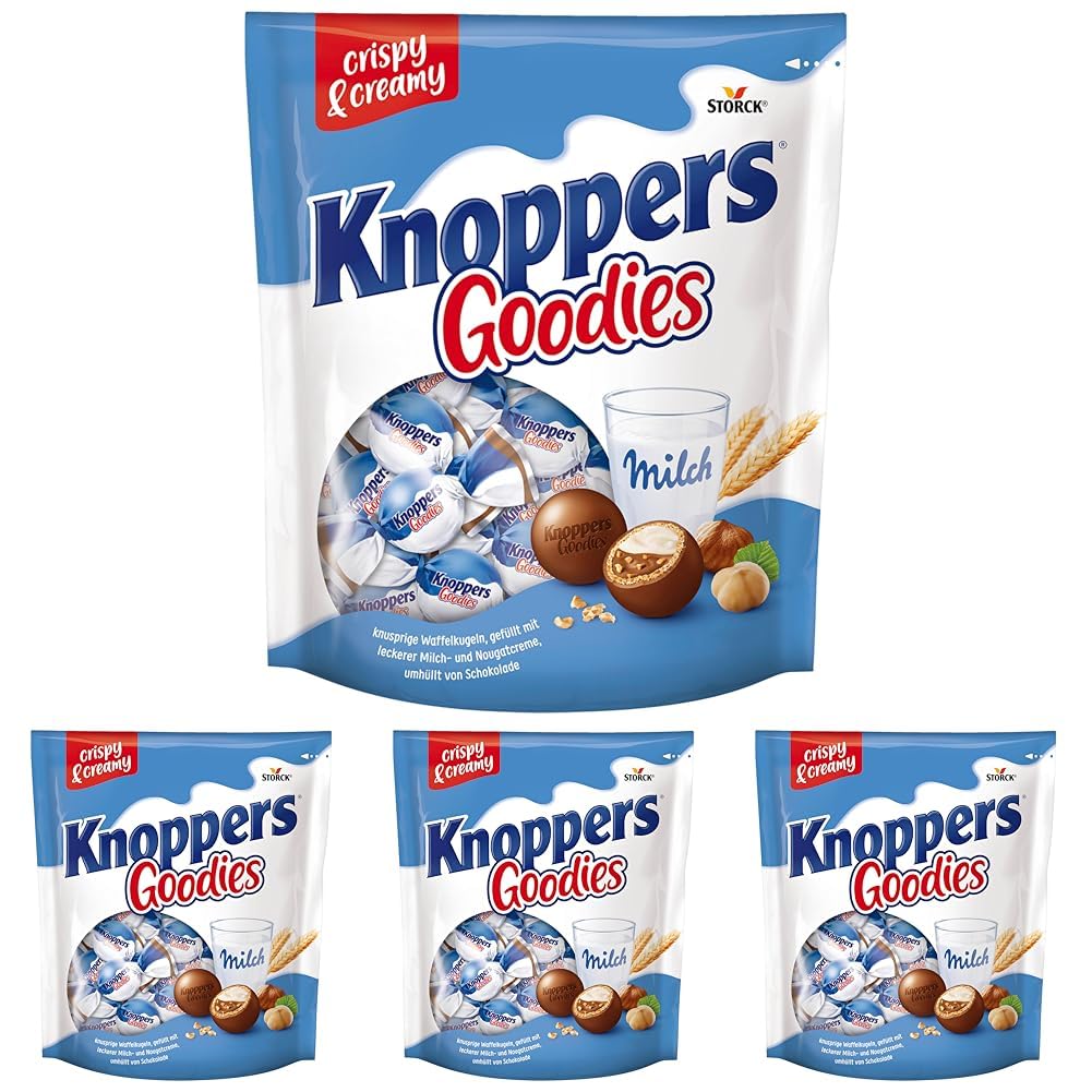 Knoppers Goodies Knusper Minis – 1 x 180g – knusprige Waffelkugeln gefüllt mit Haselnussstücken, Milch- und Nougatcreme, umhüllt von Schokolade (Packung mit 4)