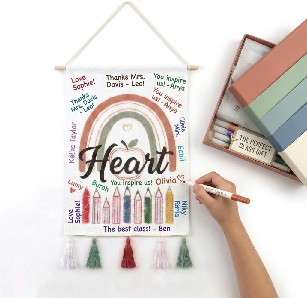 Teacher Appreciation Gift 2026 - Group Gift from Class or Personal Thank You, DIY Canvas Rainbow Signature Banner, End of School Year Keepsake from Student, Personalized Classroom Wall Decor (13" x 15")