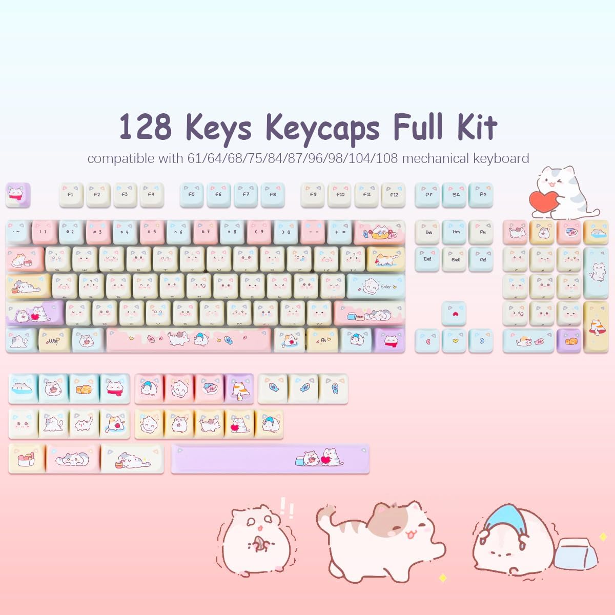 Tsungup PBT Keycaps Mao Profile-Pink Cream Keycap,127 Keys Cute Hiding Cat Theme Custom Key Caps Keyboard Keycaps, Dye Sub Keycap Set for 60%,65%,75%,100% Mechanical Keyboard