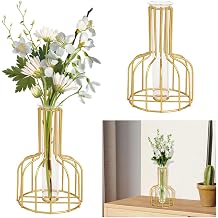 Table Flower Vase, Glass Propagation Station with Metal Frame, Geometric vases for centerpieces, Test Tube Vase for Hydroponic Plant, Small Bud Vase for Home Kitchen Office Table Top DecorGolden