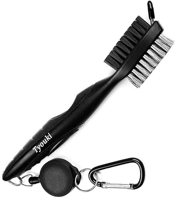 Tyouki Golf Brush with Groove Cleaner, Nylon & Steel Golf Club Brush Portable Golf Clean Tool with Adjustable Aluminum Carabiner for hanging on golf bag, Lightweight, Ergonomic Design