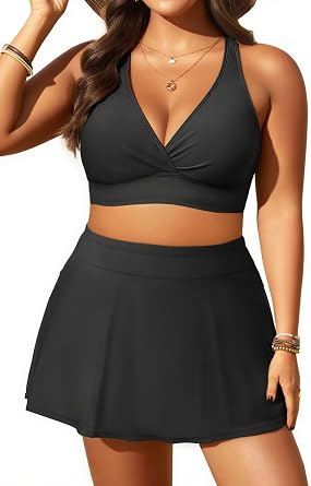 Womens Plus Size High Waisted Bikini with Skirt Two Piece Swimsuit Pockets | Tummy Control, Removable Cups,Cross Criss Adjustable Straps,With Bulit-in Brief,V Neck Design