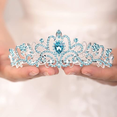 JWICOS Tiara plateada para mujer, tiara y corona de cristal azul claro para mujeres y niñas, corona elegante con peine de princesa tiara corona