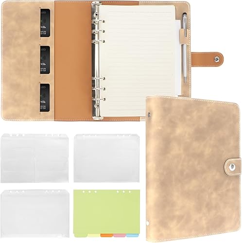 FYY - Cuaderno de 6 anillos de piel sintética con bolsillos, divisores y papel de recarga, agenda de tamaño A5, color caqui