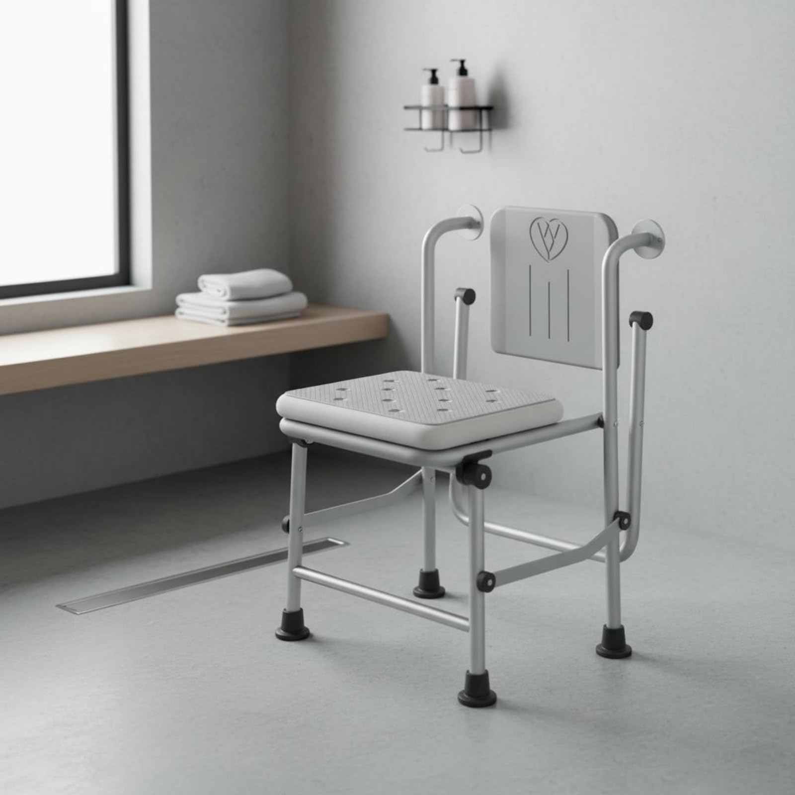 Asiento de Baño Plegable Silla de Ducha Taburete de Baño Banco de Baño con Estructura de Aluminio Antióxido con Patas Antideslizantes y Reposabrazos, Banqueta Plegable C/Respaldo