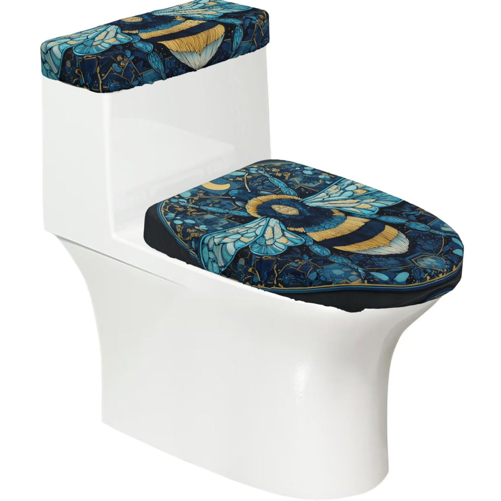 Mrowyc Black Blue-Winged Bees Printed Toilet Seat Set - Set Of 2 - Universal Toilet Seat Cover - Housewarming Birthday Christmas Gift