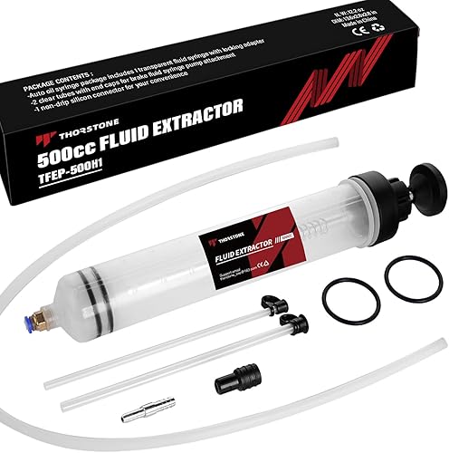 Thorstone Bomba Extractadora de Líquido Automotriz de 500cc, Jeringa Manual para Cambio de Aceite con Manguera de Goma de 50cm y 2 Tubos de Succión