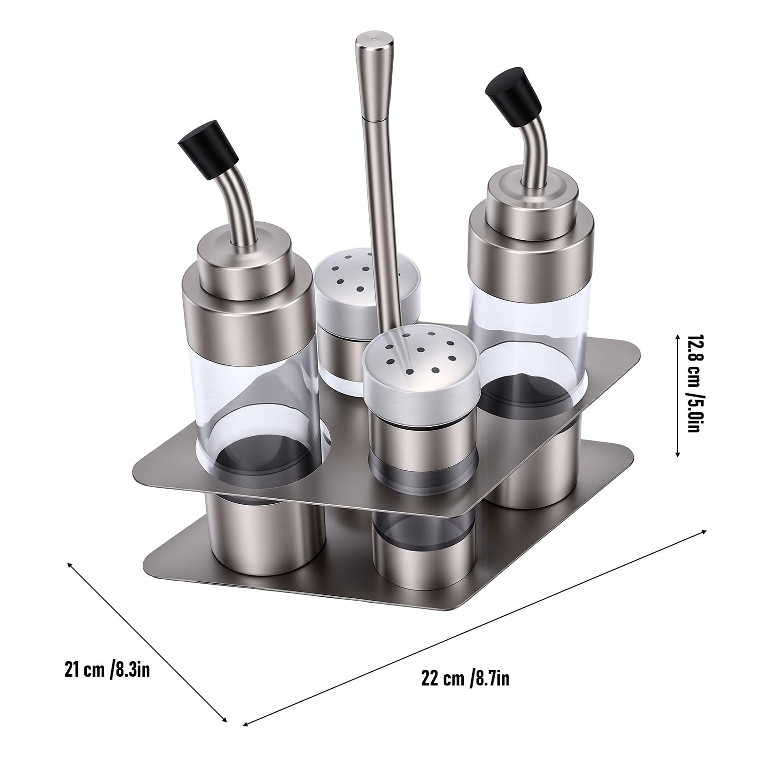 Jiawu Set di Bottiglie per Condimenti in Acciaio Inossidabile con Base, Contenitore per Olio, Aceto e Sale, Set di Barattoli per Condimenti Bottiglie per Trasparenti per