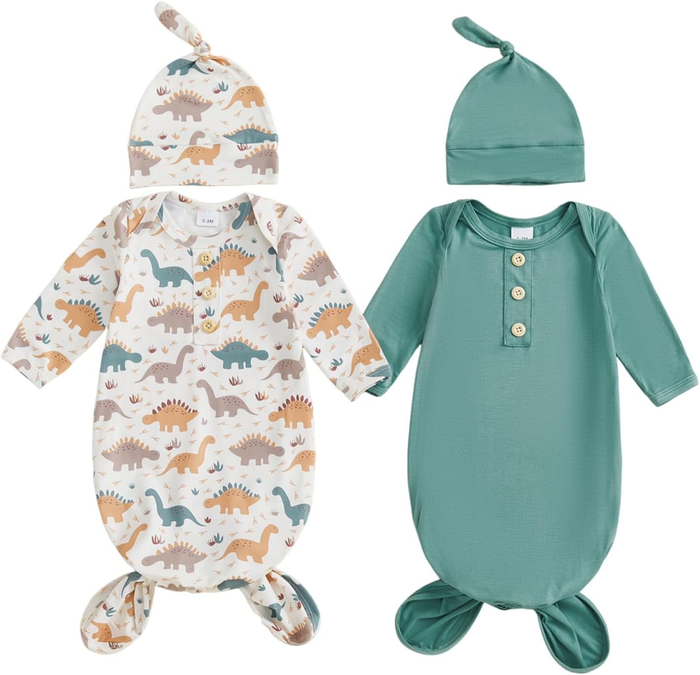 woshilaocai 2 Pack Baby Boy Girl Gown Sleeper Newborn Knotted Nightgown and Hat Set Infant Sleepwear