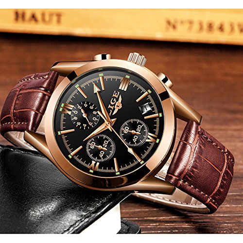 Lige Mens Watches Leather Fashion Dress Wristwatch Analog Quartz Watch Men Date Business Dress Watch Gents Waterproof Sport Casual Watch Clock Gold #TOP1
