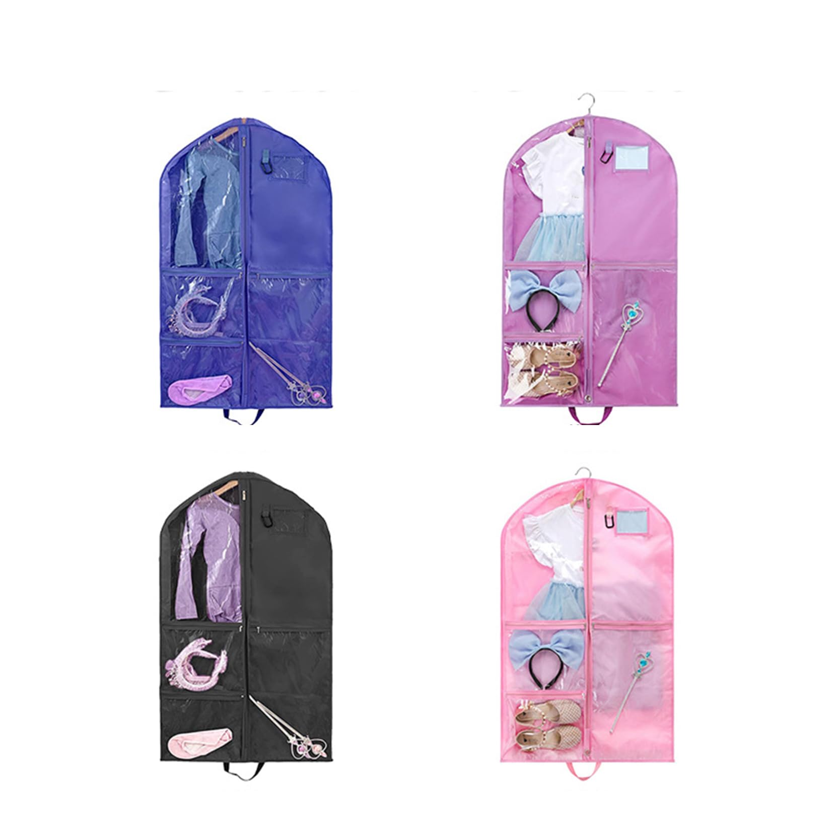 5er-Pack Kleiderhüllen für Kinder-Tanzkostüme, 101,6 cm hohe, Faltbare Kleidersäcke mit Reißverschlusstaschen, Tanz-Kleidersäcke für Tänzer, transparentes Fenster,Purple-60x8x100cm