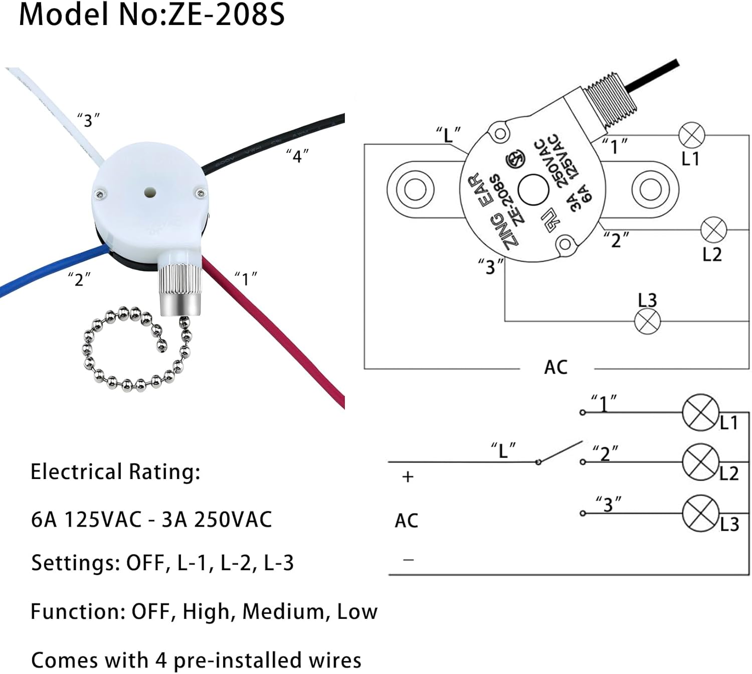 YOFOTHS Ceiling Fan Capacitor CBB61 4.5uf + 6uf + 5uf 5 Wire 250V, ZE-208S E89885 3 Speed 4 Wire Pull Chain Switch Silver