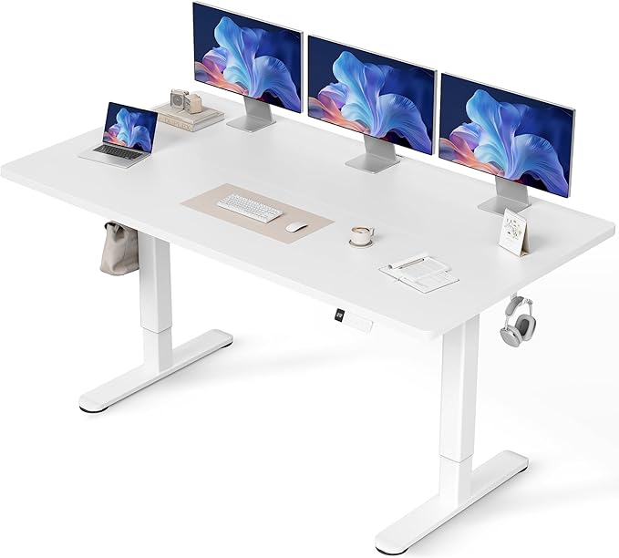 Claiks Height-adjustable desk, 180 x 80 cm (FSC), 80 kg load capacity, desk, height adjustable with 2 hooks and 3 memory functions, standing desk with quiet motor for home office, white