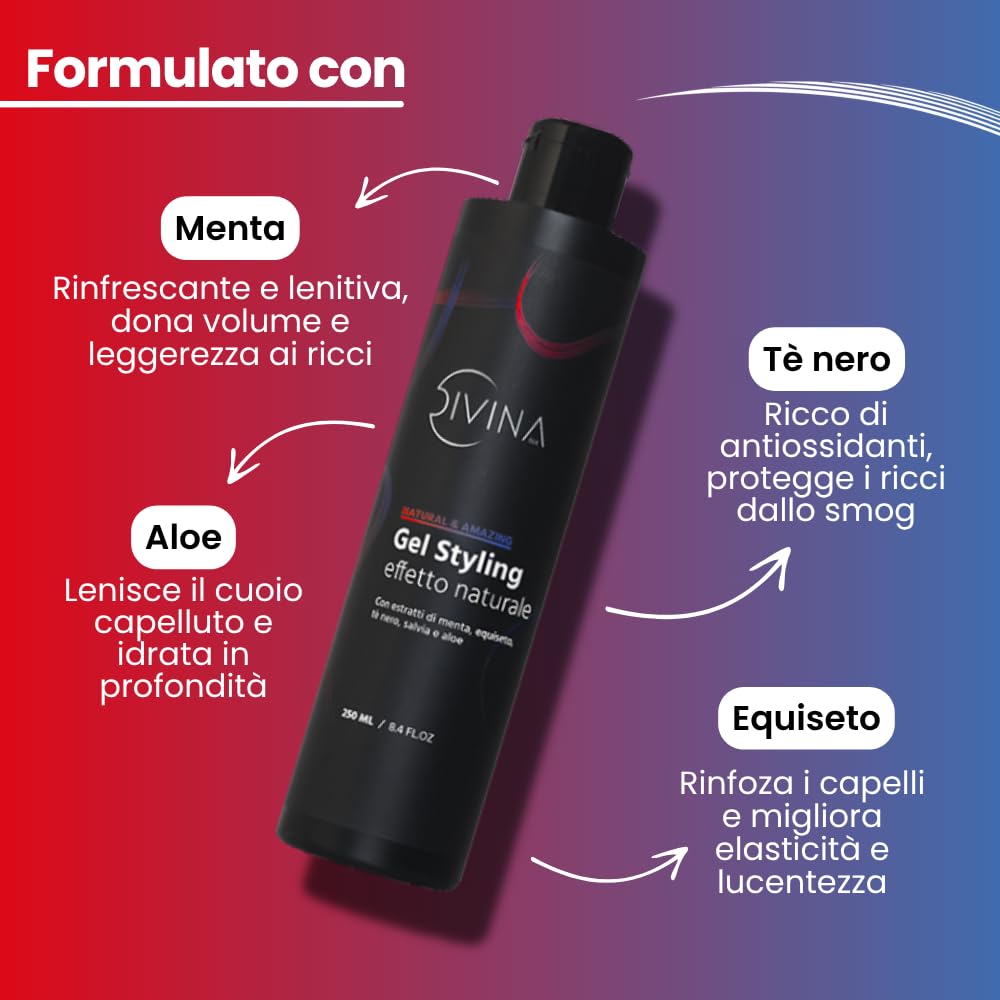 Gel Styling effetto naturale per capelli ricci con estratti di menta, equiseto, tè nero, salvia e aloe Natural&Amazing di DIVINA BLK (250ml)