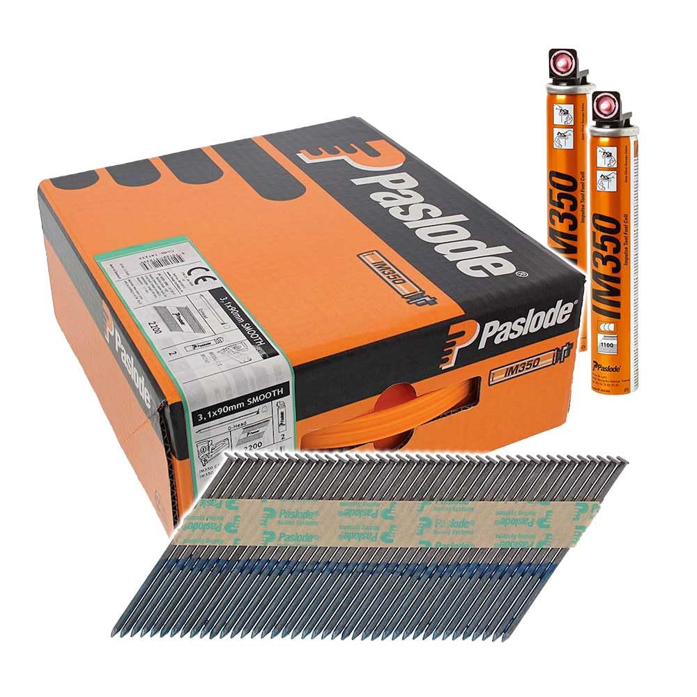 Paslode 3.1x90mm IM350 Straight Shank Bright Nails Qty2200 +2 Fuel Cells