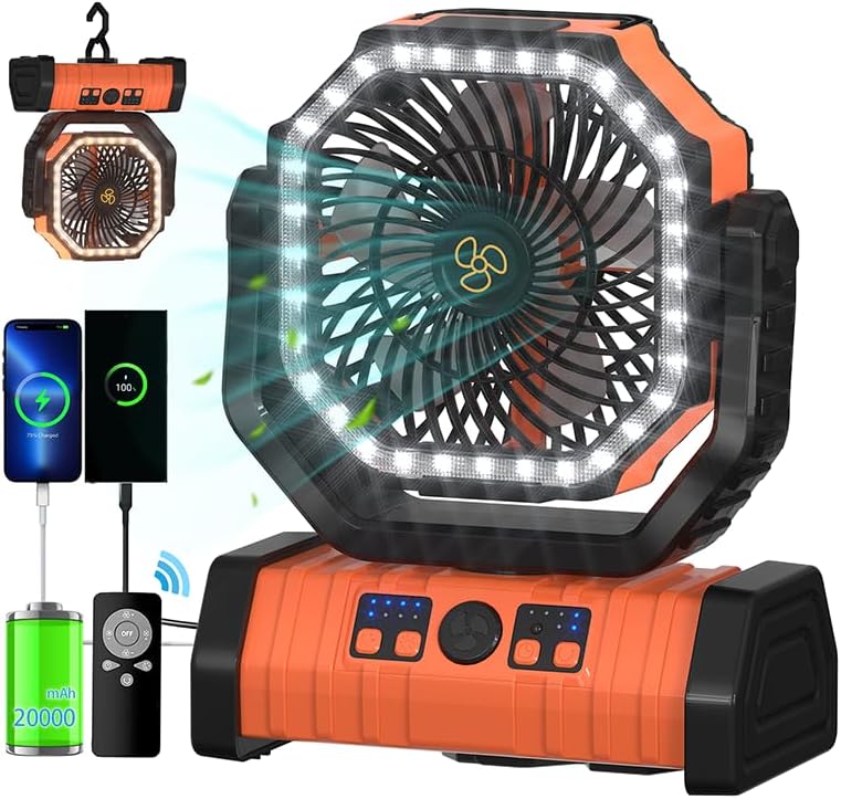 Amazon.com: ADUST Camping Fan Battery Powered 20000mAh Outdoor Tent Fans - Orange | Portable Battery Operated Rechargeable Fan with Warm&Cold Lights, Hanging Hook, Timer, Oscillating, 4 Speeds, Remote Control : Sports & Outdoors