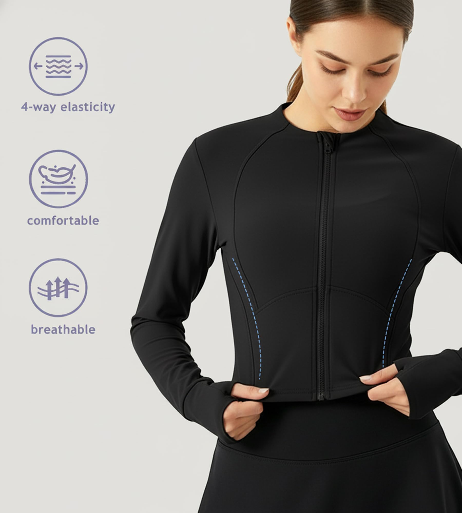 Chaqueta Deportiva Mujer Manga Larga Chaqueta De Running Yoga Ropa Transpirable Sudadera Corriendo Tops Fitness Correr Chaquetas de Entrenamiento Gym con Cremallera Agujeros para los Pulgares