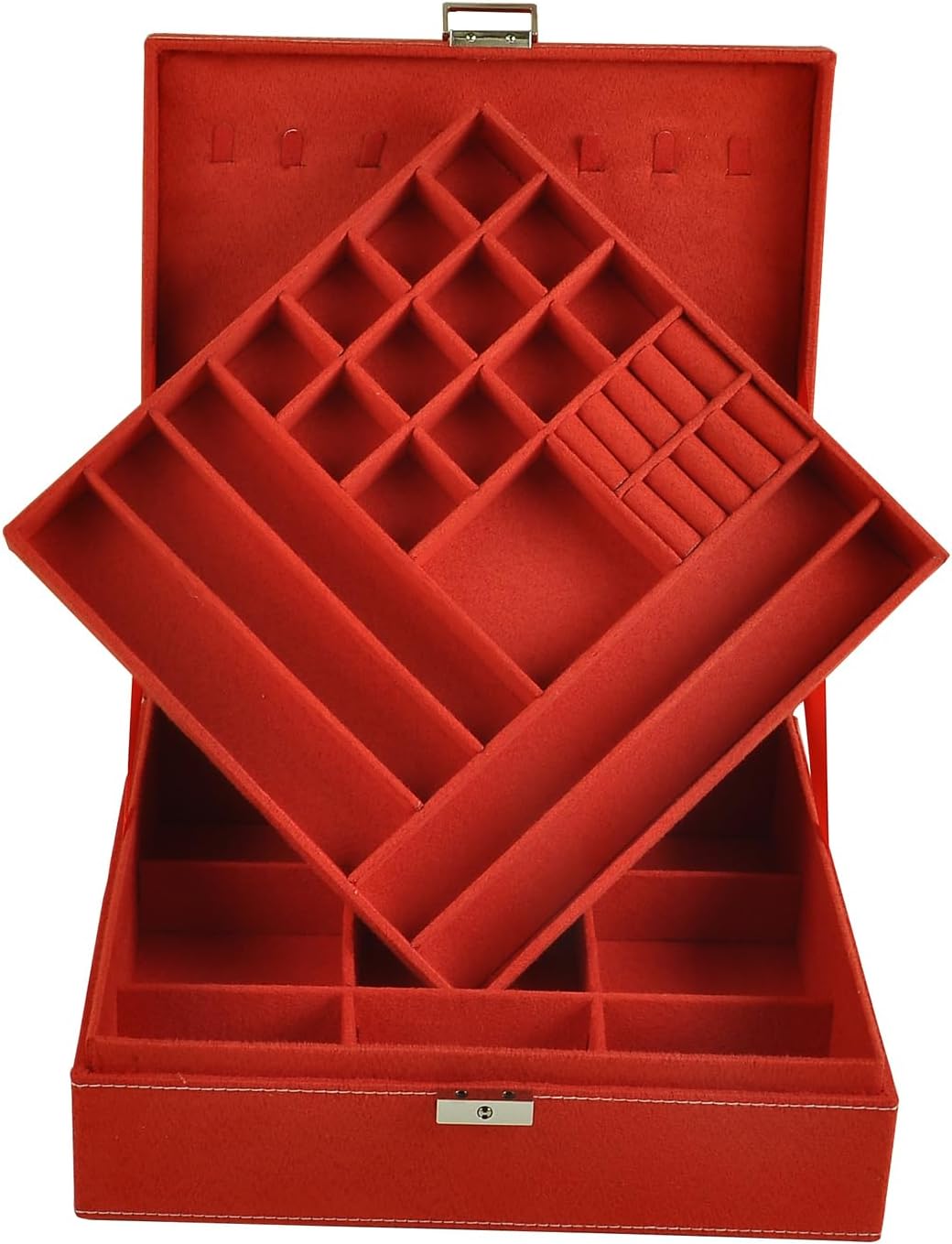Jewelry Boxes 10 x 10 Inches 2-layer Handle Necklace Holder Organizer Jewellery Women Rings Storage Display Girls Earrings Case Lockable Jewelry Tray GY641 (Red)