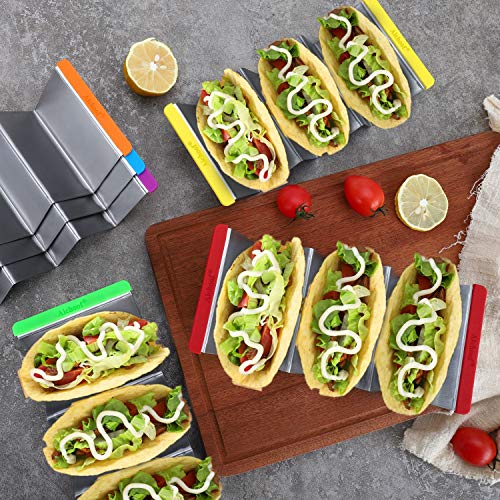 Taco Holder Stands Stainless Steel Set Of 6 With Colorful Silicone Easy-Access Handle, Taco Rack, Taco Shell Holder, Taco Tray, Oven, Grill, And Dishwasher Safe, Smooth Edge #TOP6
