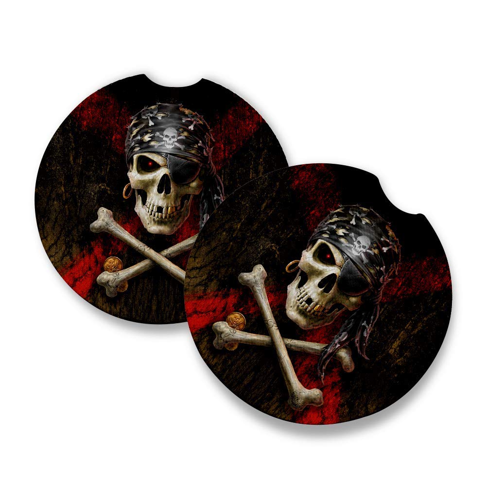 Anne Stokes Pirate Skull | Car Coasters for drinks Set of 2 | Perfect Car Accessories with absorbent coasters. Car Coaster measures 2.56 inches with rubber backing.