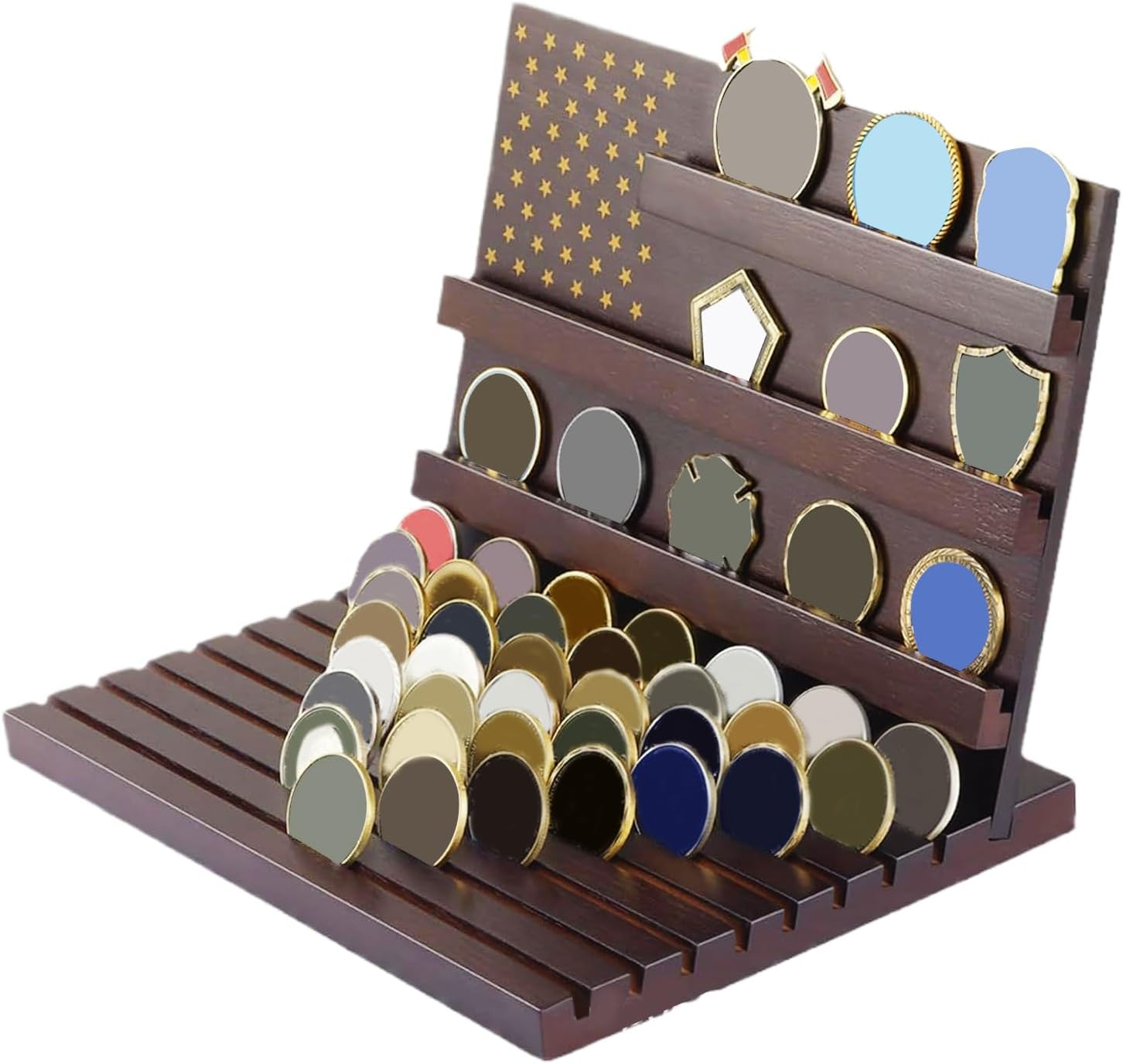チャレンジコインディスプレイ - 節約 木製バッジ展示ラック 多層コインホルダー オーガナイザー 屋内 ホームデコレーション リビングルー チャレンジ コインディスプレイ - 木製バッジ展示ラック 多層