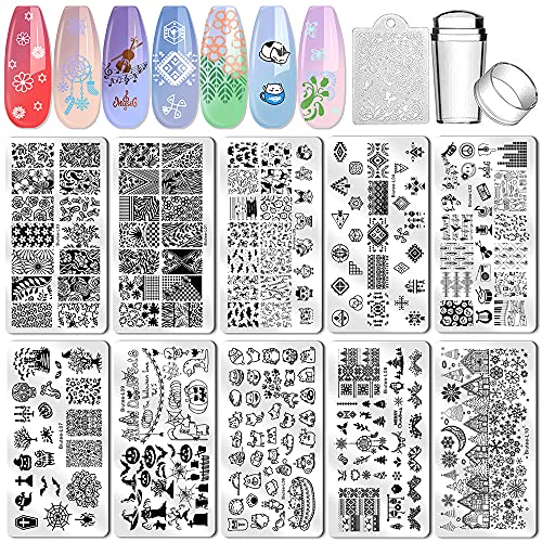 Biutee Nail Stamping Plates 10pcs Templates with Stamper Nail Stamper Nail Art Plates Kits Template Plates Leaves Flowers Animal Holiday Design