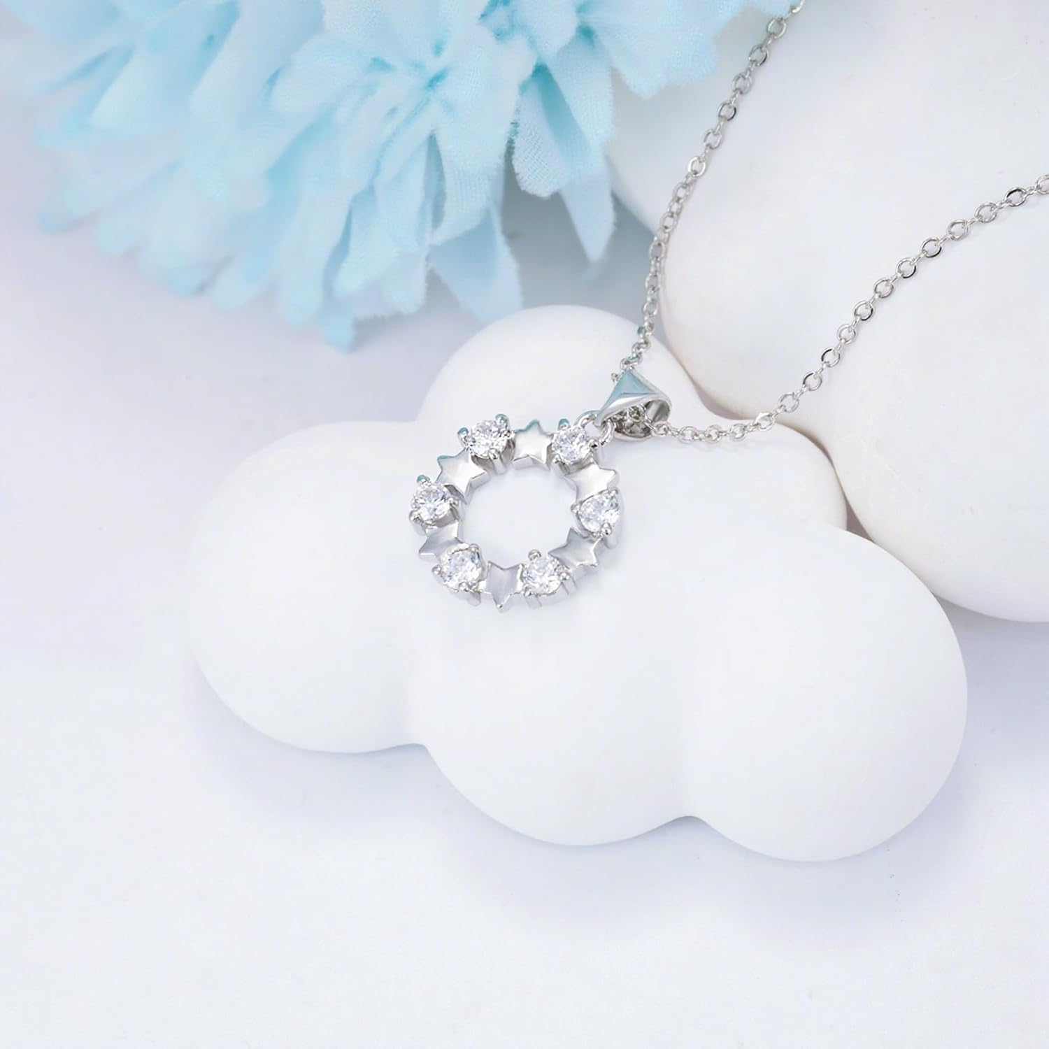 Star Necklace for Women S925 Sterling Silver Cubic Zirconia Star Wreath Round Pendant Necklace Hypoallergenic Adjustable Chain Necklaces Celestial Jewelry Gifts for Women Christmas Mom Girlfriend - Image 3