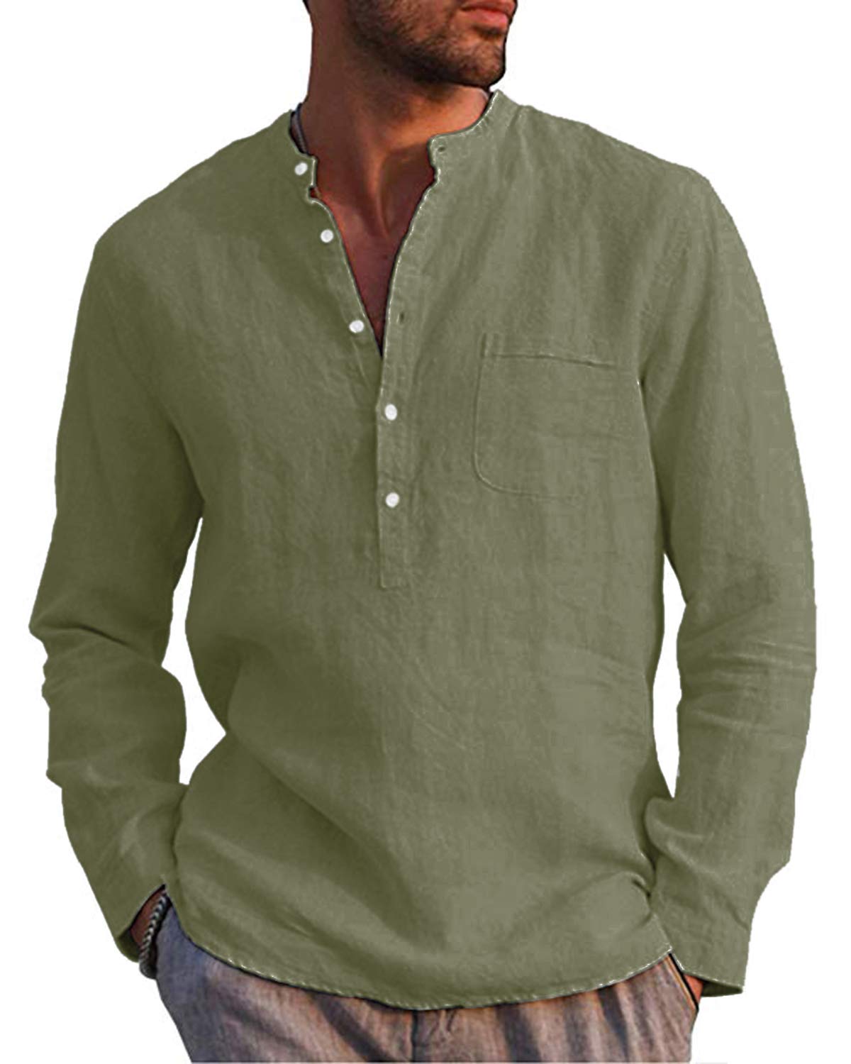 Kvruhuiy Herren Baumwollehemden Leinenhemd Langarm Freizeithemd Casual Shirts Sommerhemd Armeegrün XXL