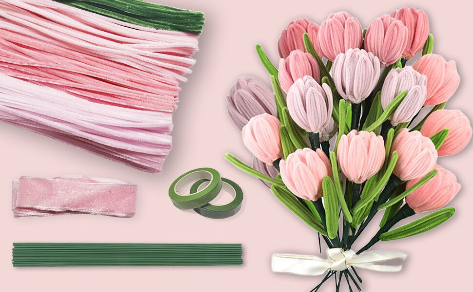 Kit 400 Pcs Fils Chenille 4 Couleurs - Bouquet Cure-Pipe Avec Accessoires DIY Fleurs