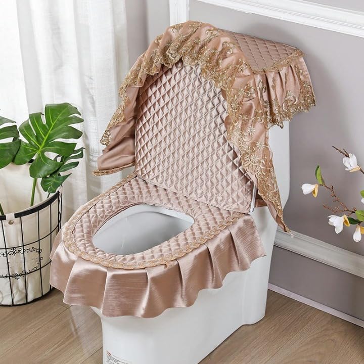 Toilettensitzbezüge WC-Deckelbezüge mit Spitzenstickerei, 3 Stück/Set, Champagner-Spitzenstickerei, Blumen, WC-Deckelbezug-Set, WC-Deckel und Tankbezüge, WC-Sitzkissen, WC-Sitz-Warmpolster(Pink)