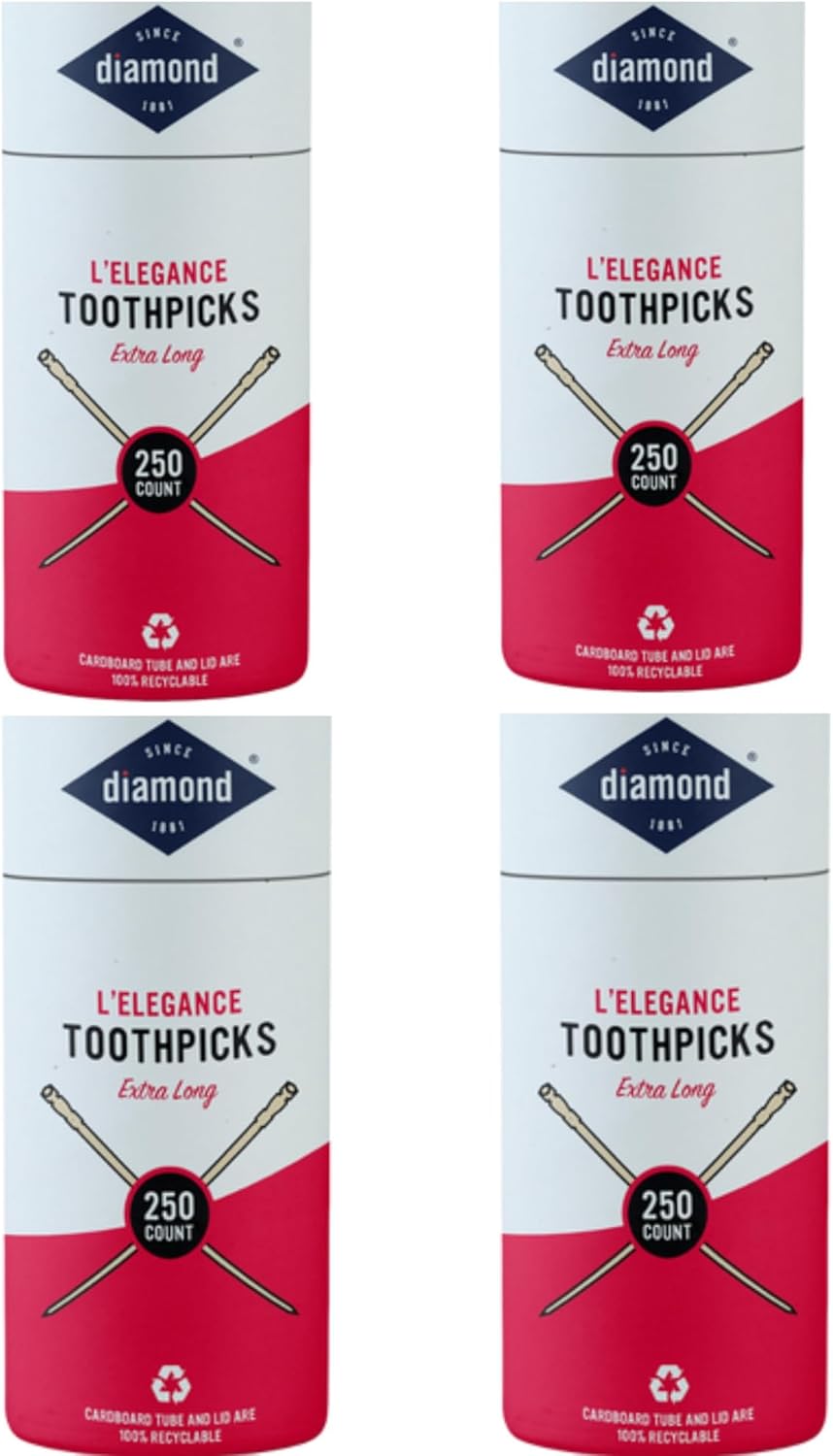 Diamond Specialty Toothpicks Extra Long L'Elegance, 250 Count Vial Long Wooden Toothpicks for Appetizers, Cocktails, Teeth, Crafts 4 Pack