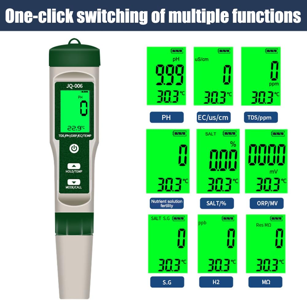 Medidor de pH 10 en 1, EC TDS ORP H2 SALT S.G Temp MΩ Nutriente líquido | Medidor EC y pH Piscinas, Analisis Acuario Digital, Medidor de Sal Piscina, Test pH Digital Acuario, Spa, Hidroponía, Pecera