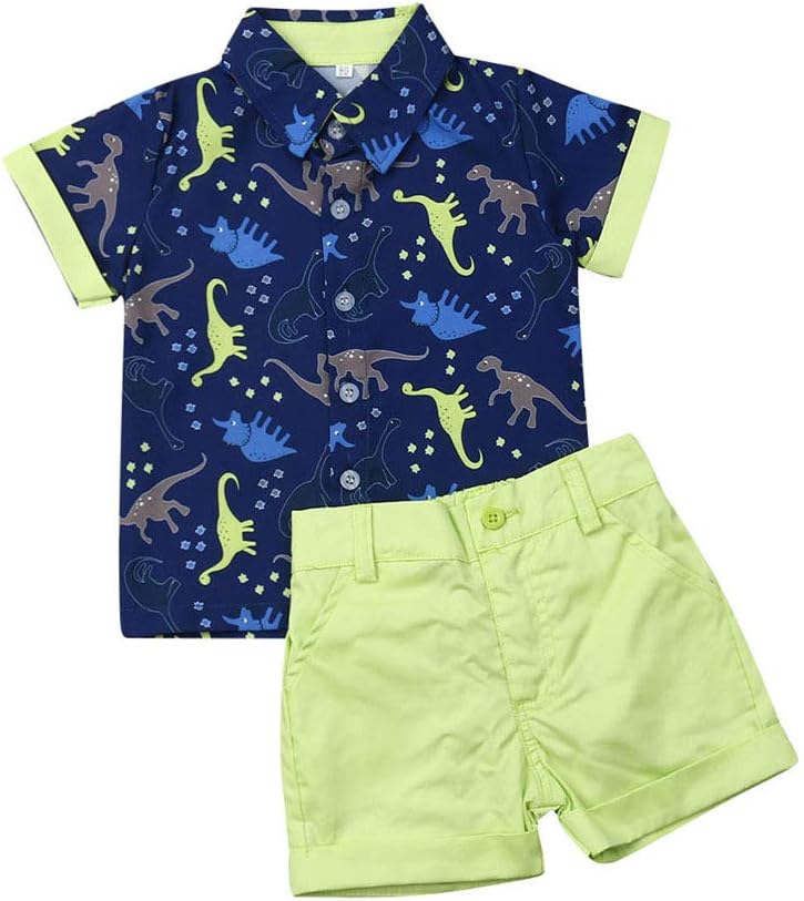 Toddler Baby Boys Shorts Set,Summer Gentleman Fashion Print Short Sleeve Button Shirt+Woven Shorts Set 2 Piece Outfits (12-18 Months, Fluorescent Green)