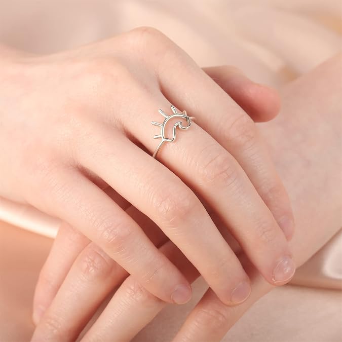 AVECON Sunshine and Waves Shape Rings 925 Sterling Silver Statement Rings Stackable Ring for Women Sunshine and Waves Model Rings Size 5
