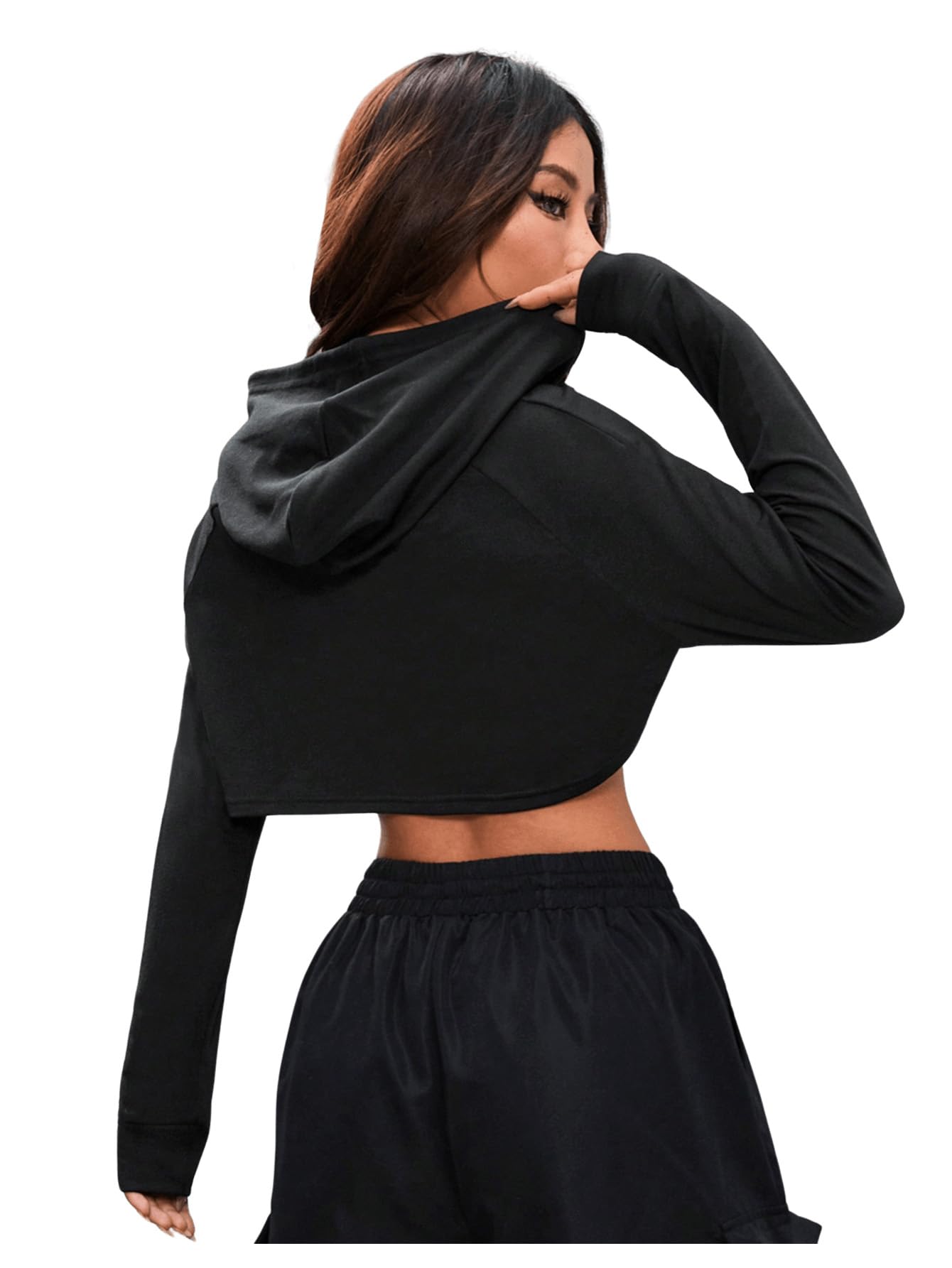 SweatyRocks Damska bluza z kapturem, bardzo krótka bluza z długim rękawem, okrągły kołnierz, wycięte koszulki, z kapturem