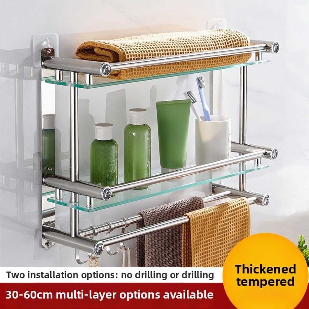 Estantes de baño de vidrio templado con diseño flotante esquinero marco de acero inoxidable de 40 cm (